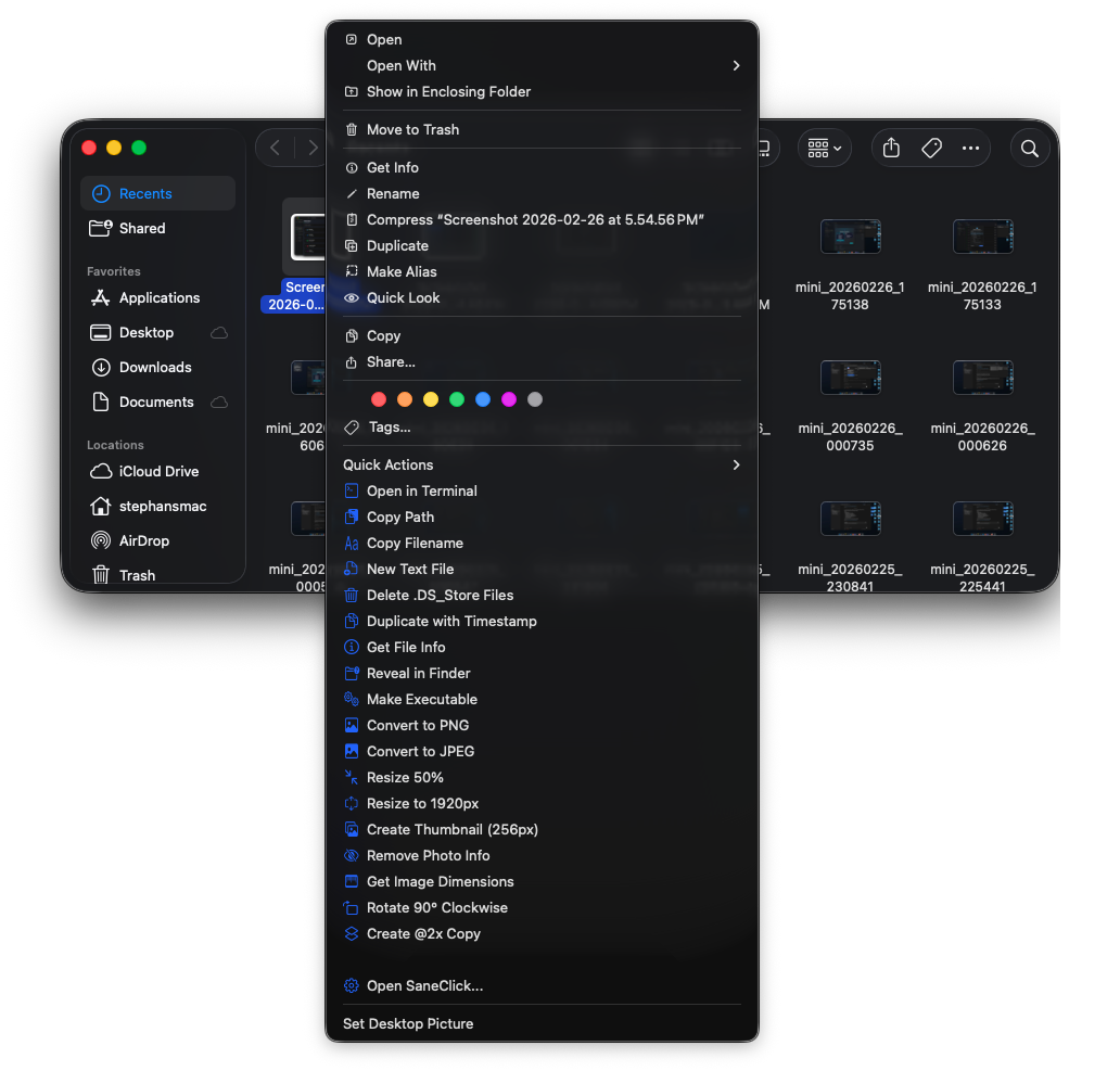 SaneClick actions inside the real Finder right-click menu