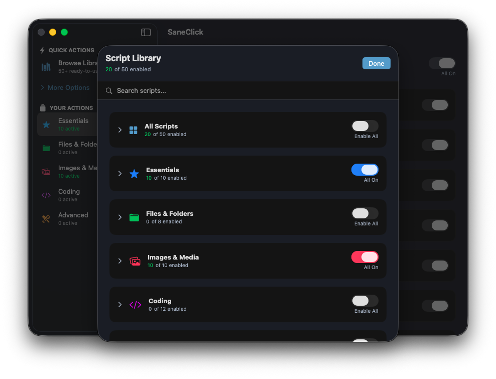 SaneClick script library showing categories like Images and Media, Coding, and Advanced